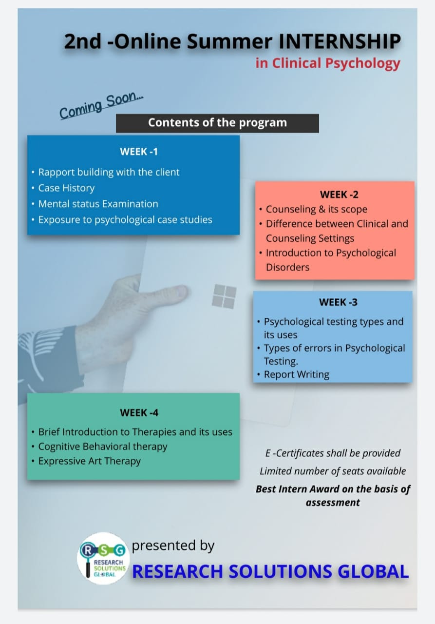 2nd Online Summer Internship in Clinical Psychology organized by Research Solutions Global